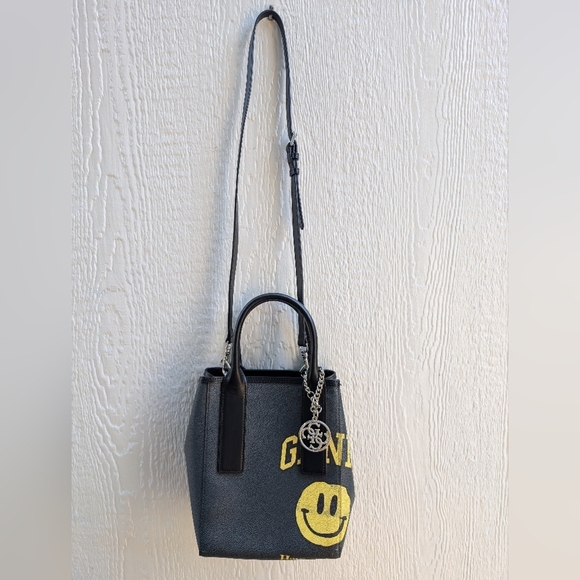 Ganni Black Smiley Face Print Leather Tote Bag Crossbody Shoulder Bucket Purse - Picture 1 of 12